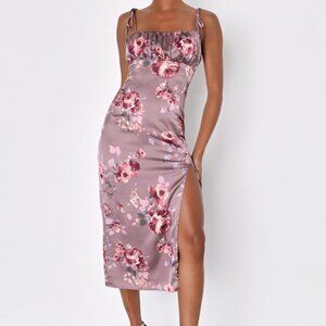 Lulus Fleur-ty Behavior Mauve Floral Satin Tie-strap Midi Dress Purple - Size XL